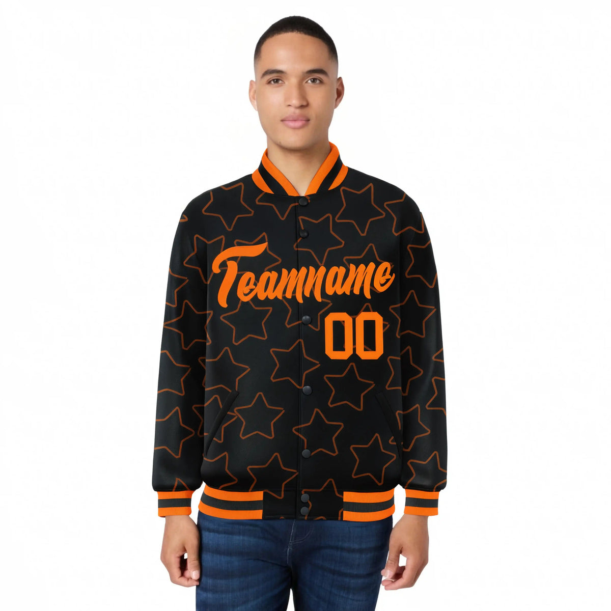 Custom Black Orange Varsity Full-Snap Star Pattern Letterman Baseball Jacket