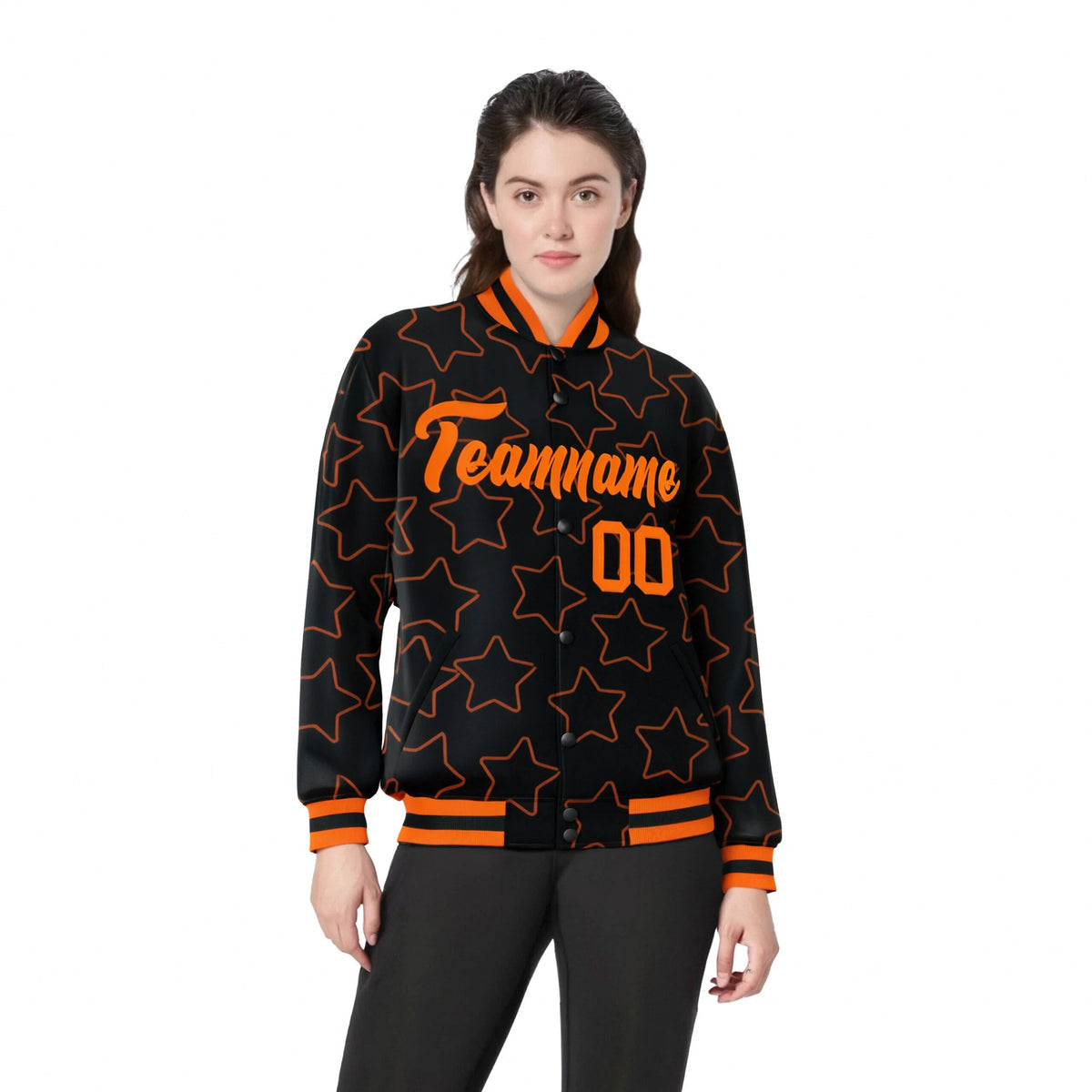 Custom Black Orange Varsity Full-Snap Star Pattern Letterman Baseball Jacket