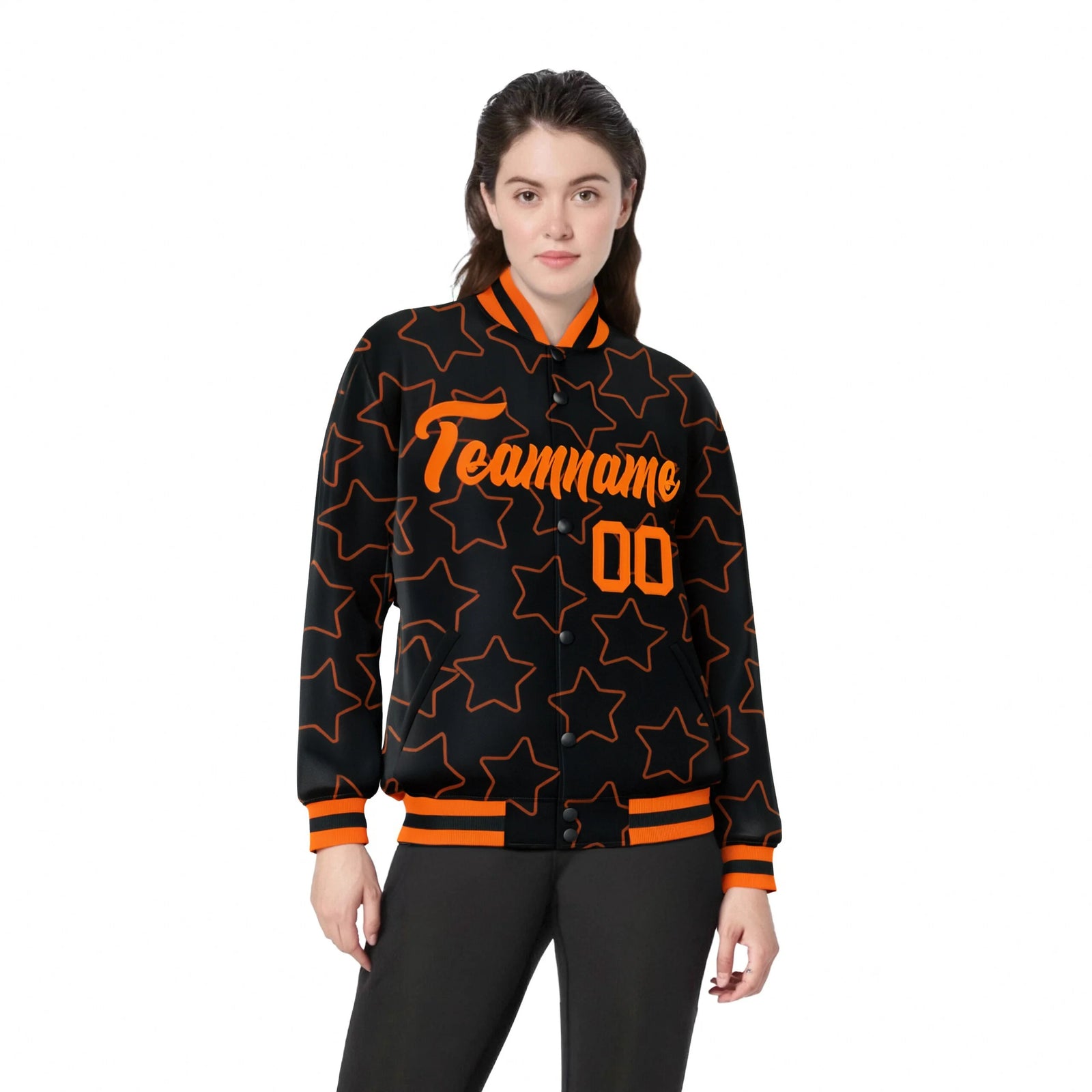 Custom Black Orange Varsity Full-Snap Star Pattern Letterman Baseball Jacket
