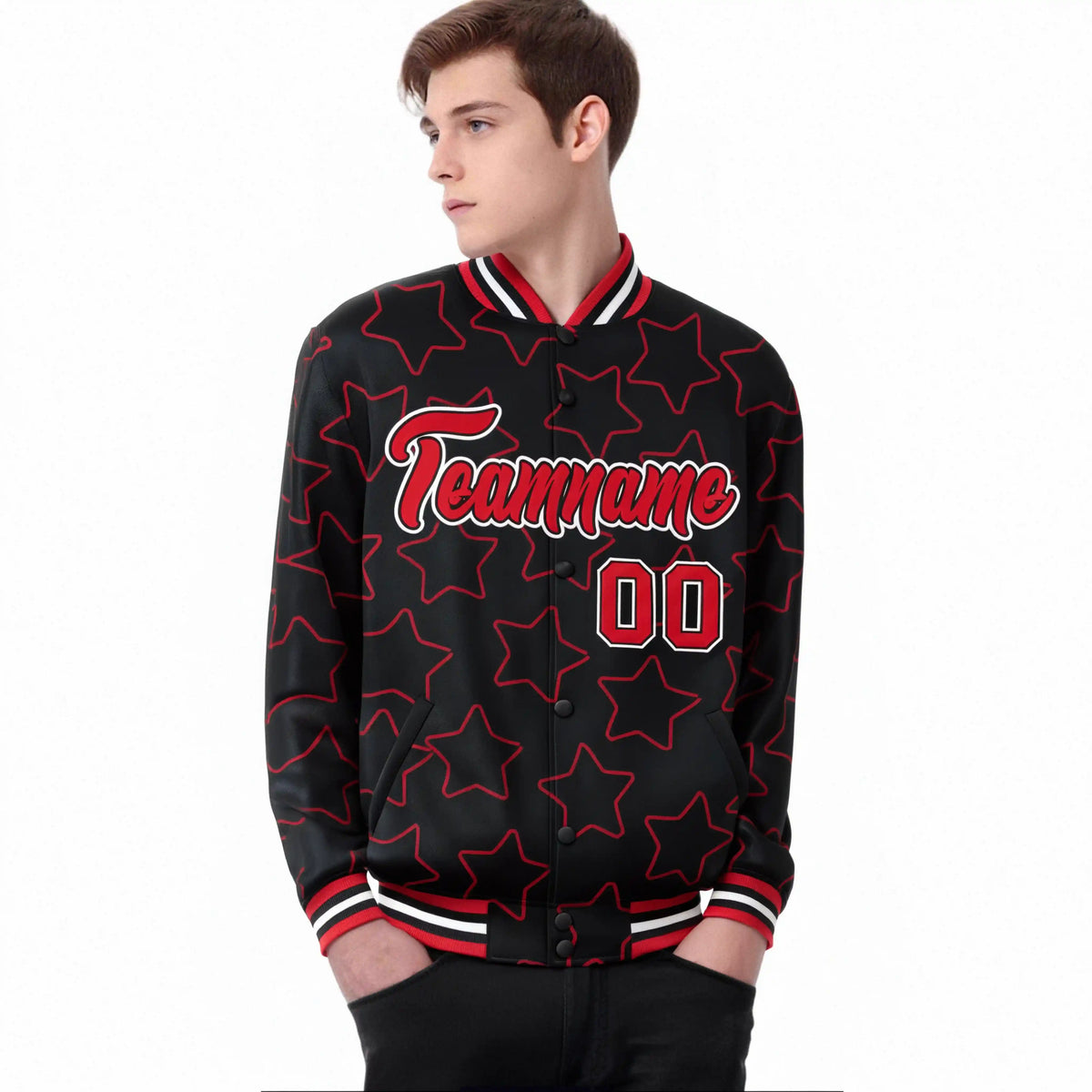 Custom Black Red-White Varsity Full-Snap Star Pattern Letterman Baseball Jacket