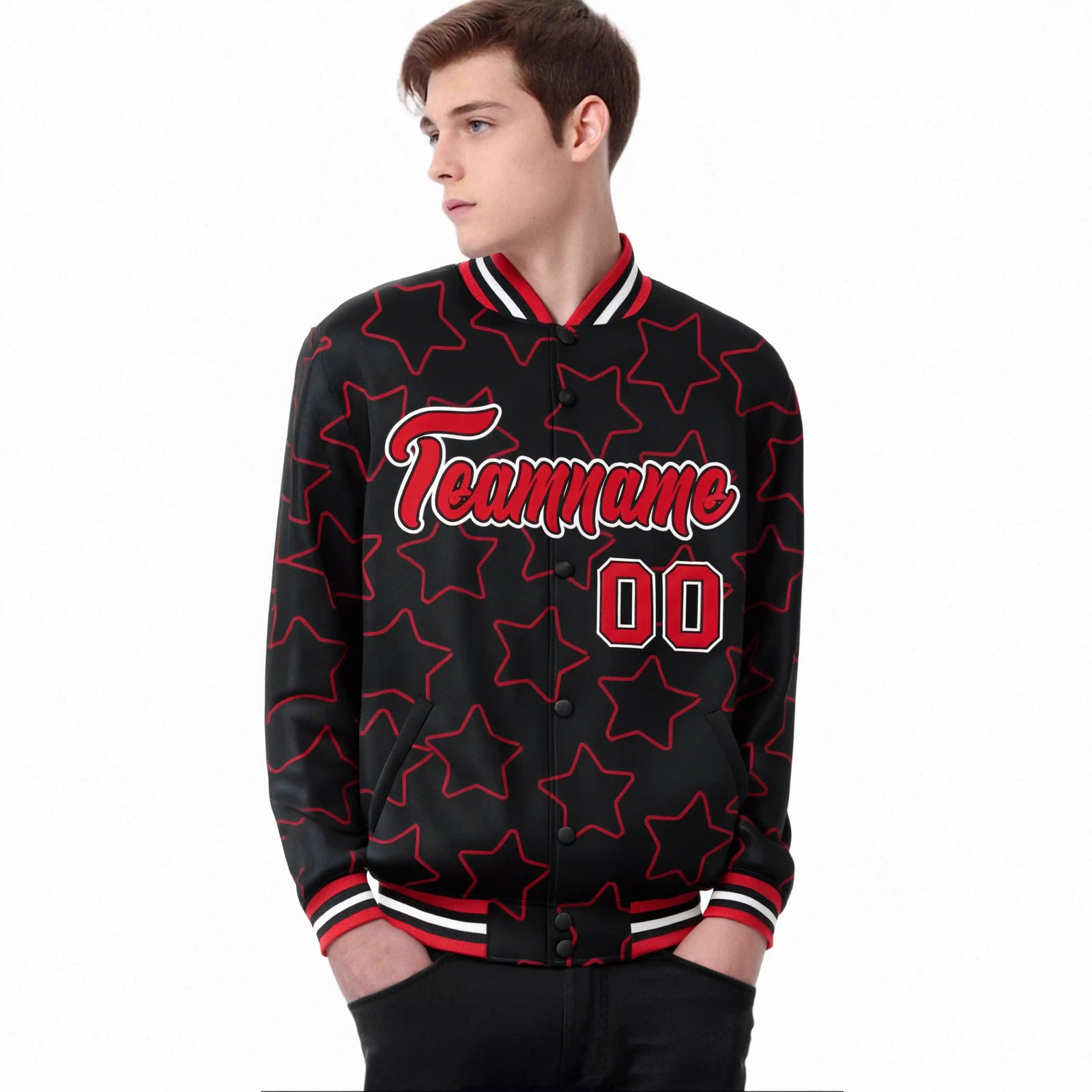 Custom Black Red-White Varsity Full-Snap Star Pattern Letterman Baseball Jacket