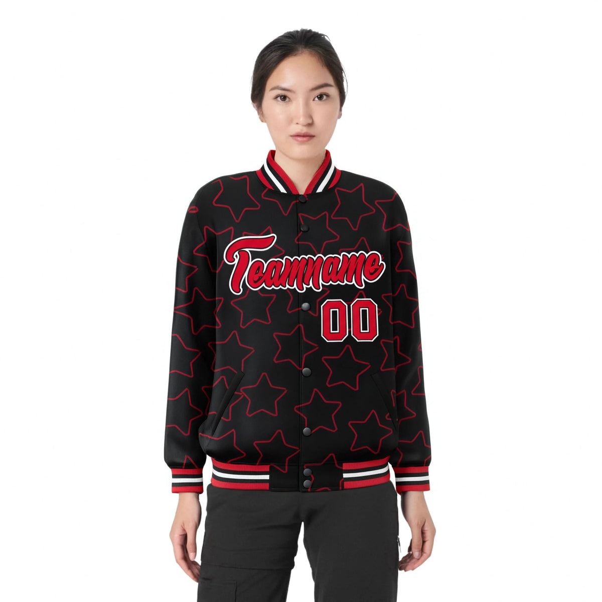 Custom Black Red-White Varsity Full-Snap Star Pattern Letterman Baseball Jacket