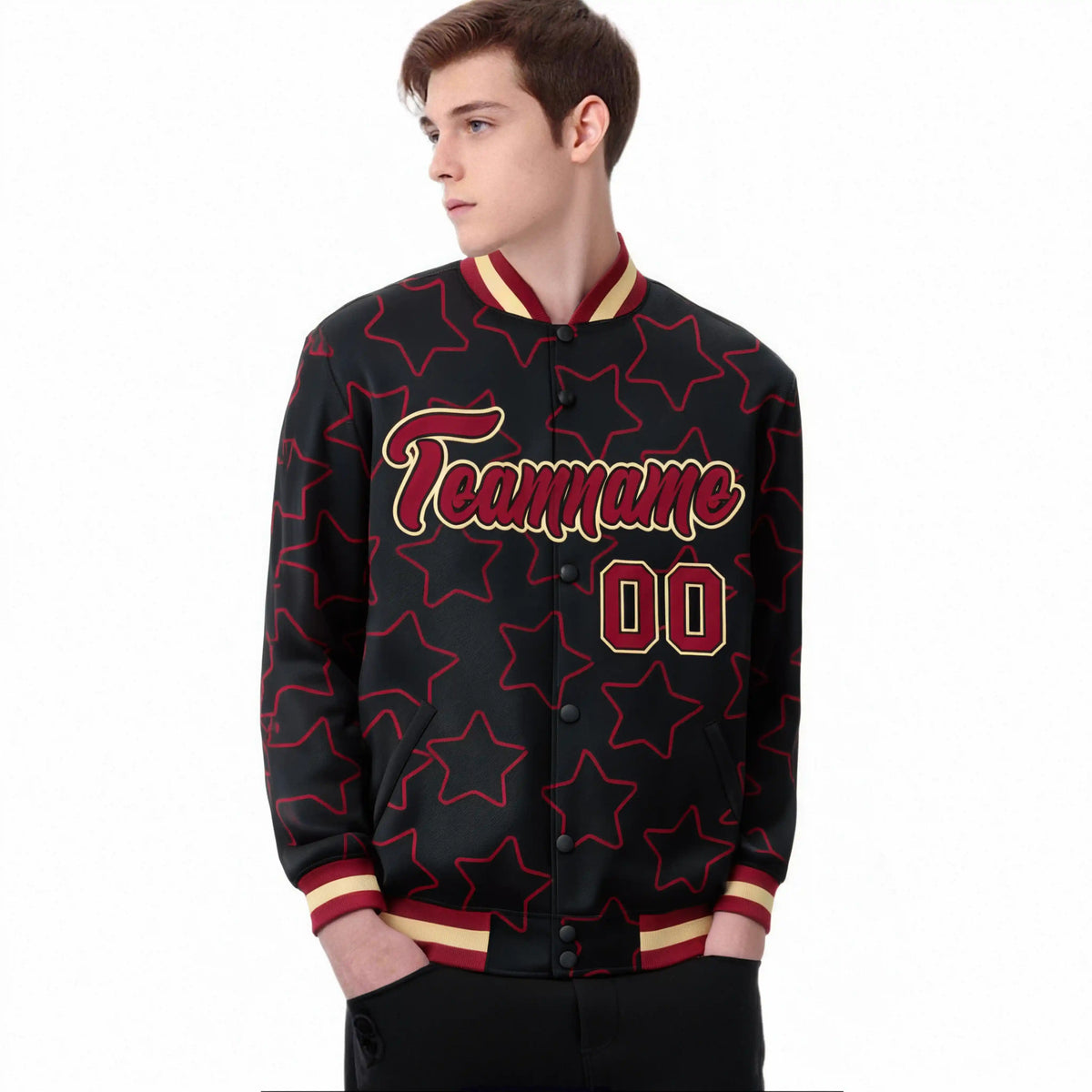 Custom Black Red-Old Gold Varsity Full-Snap Star Pattern Letterman Baseball Jacket