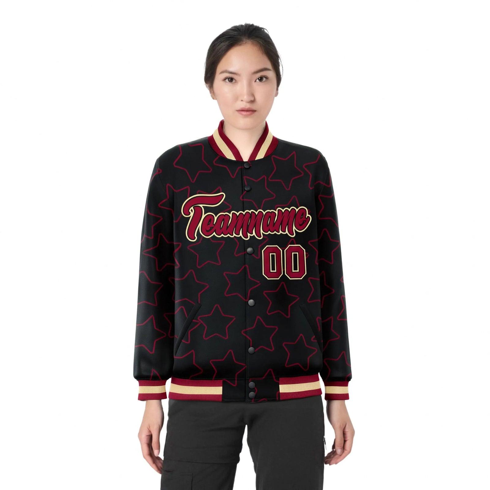 Custom Black Red-Old Gold Varsity Full-Snap Star Pattern Letterman Baseball Jacket
