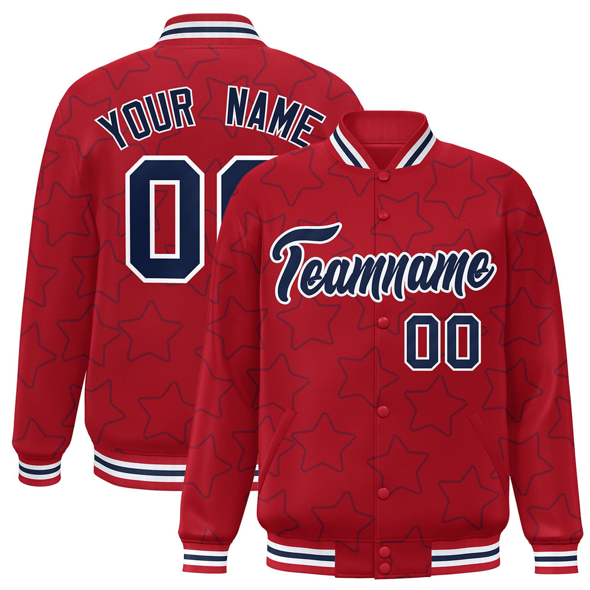 Custom Red Navy-White Varsity Full-Snap Star Pattern Letterman Baseball Jacket