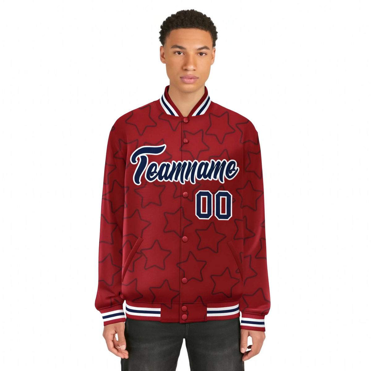 Custom Red Navy-White Varsity Full-Snap Star Pattern Letterman Baseball Jacket