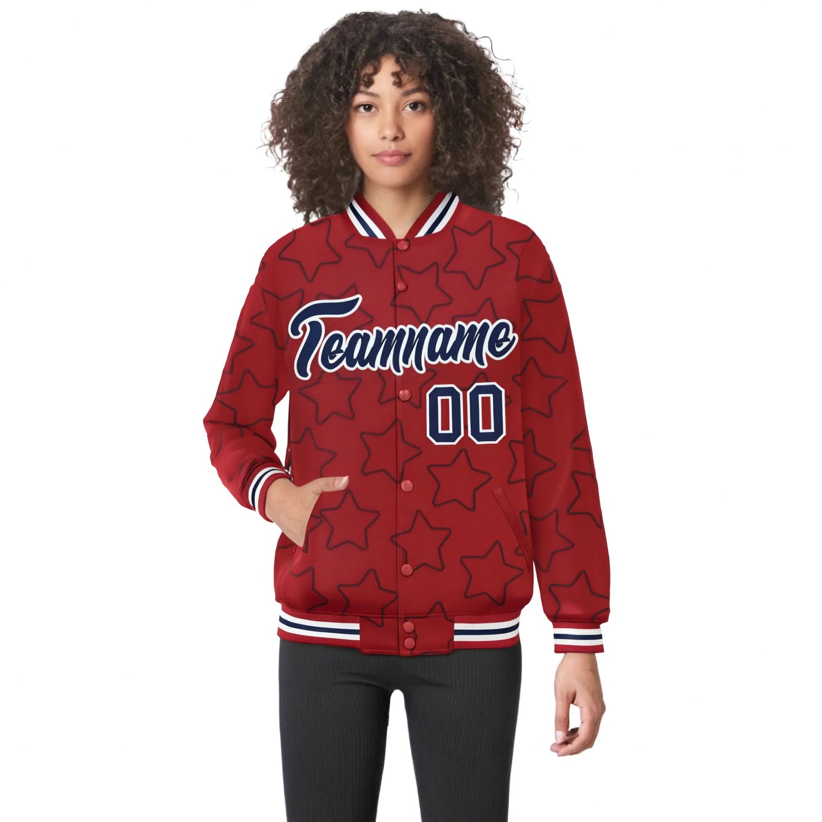Custom Red Navy-White Varsity Full-Snap Star Pattern Letterman Baseball Jacket