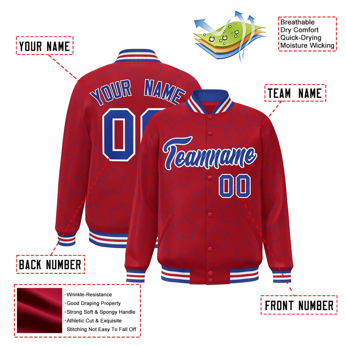 Custom Red Royal Blue-White Varsity Full-Snap Star Pattern Letterman Baseball Jacket