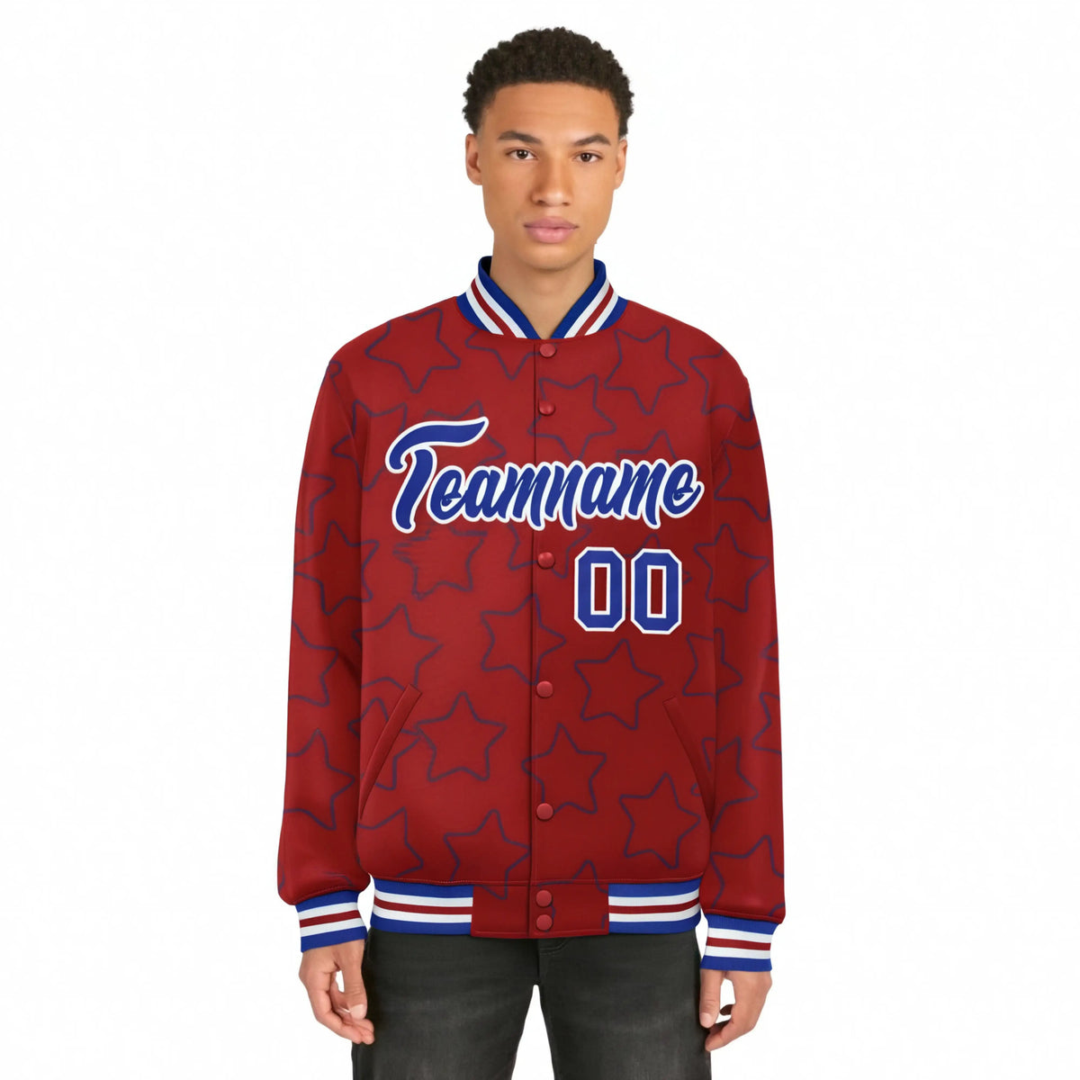 Custom Red Royal Blue-White Varsity Full-Snap Star Pattern Letterman Baseball Jacket