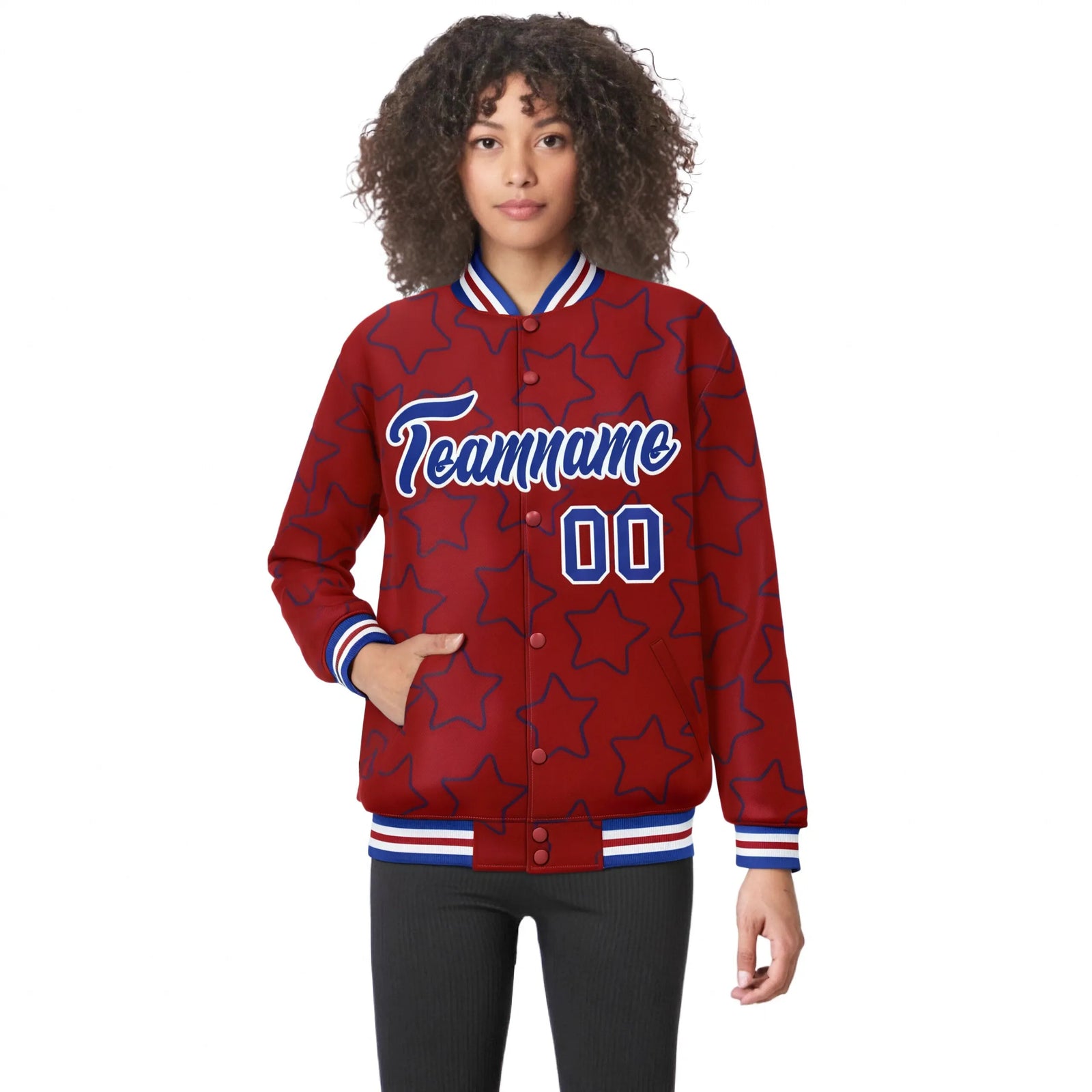 Custom Red Royal Blue-White Varsity Full-Snap Star Pattern Letterman Baseball Jacket