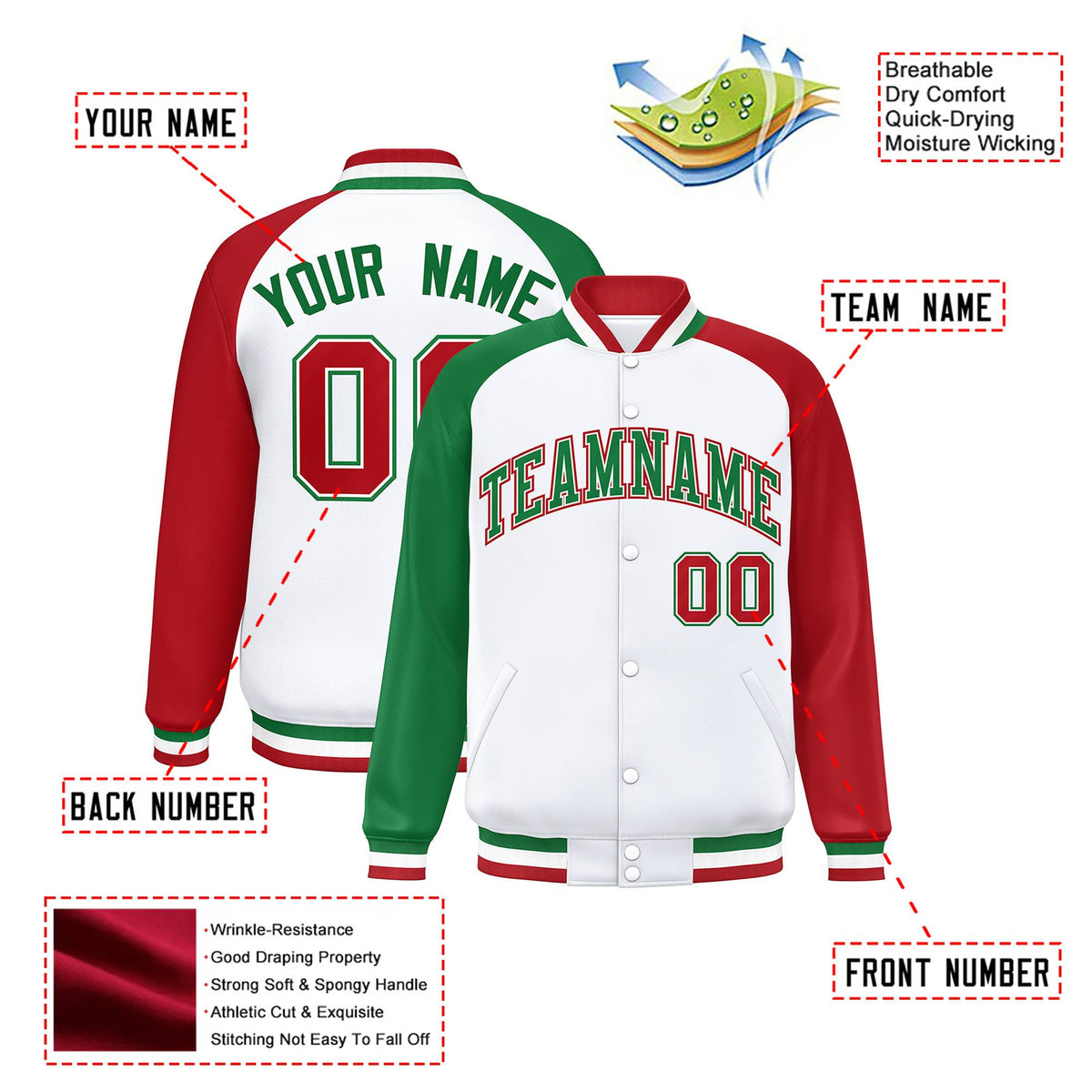 Custom White Red-Kelly Green Raglan Sleeves Varsity Full-Snap Letterman Jacket