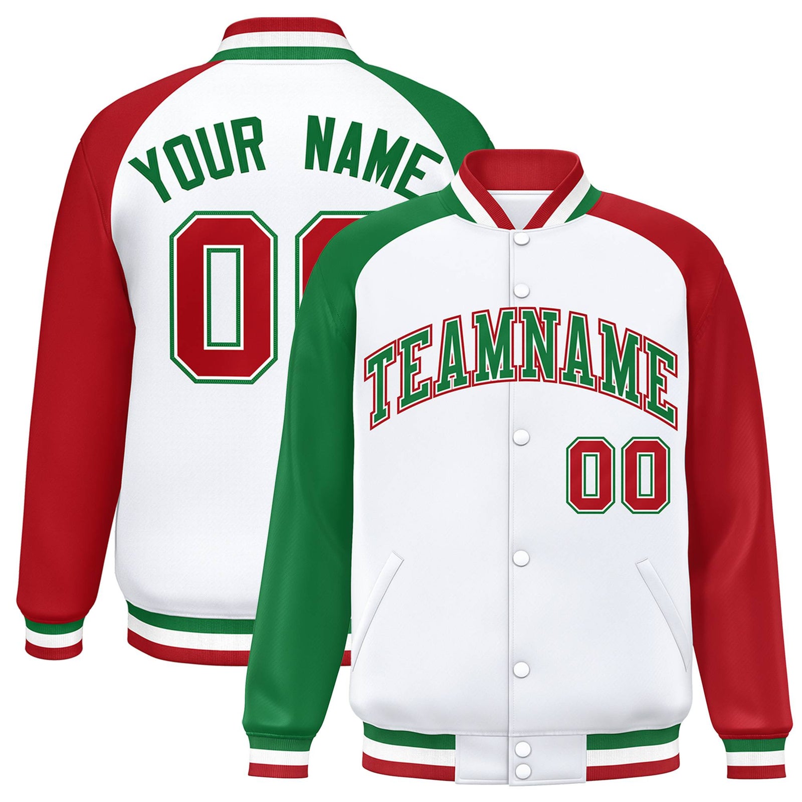 Custom White Red-Kelly Green Raglan Sleeves Varsity Full-Snap Letterman Jacket