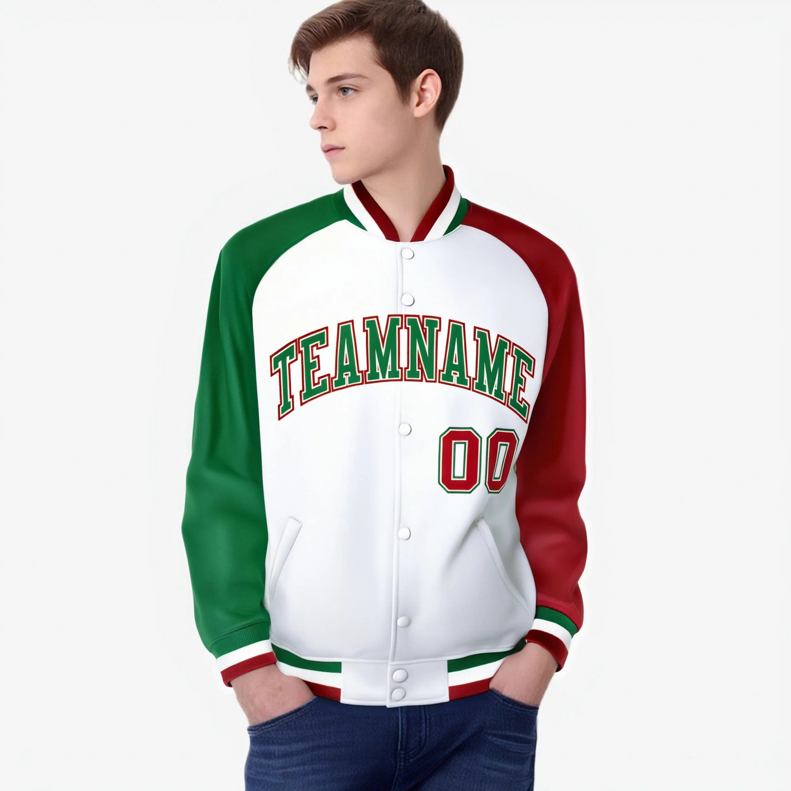 Custom White Red-Kelly Green Raglan Sleeves Varsity Full-Snap Letterman Jacket