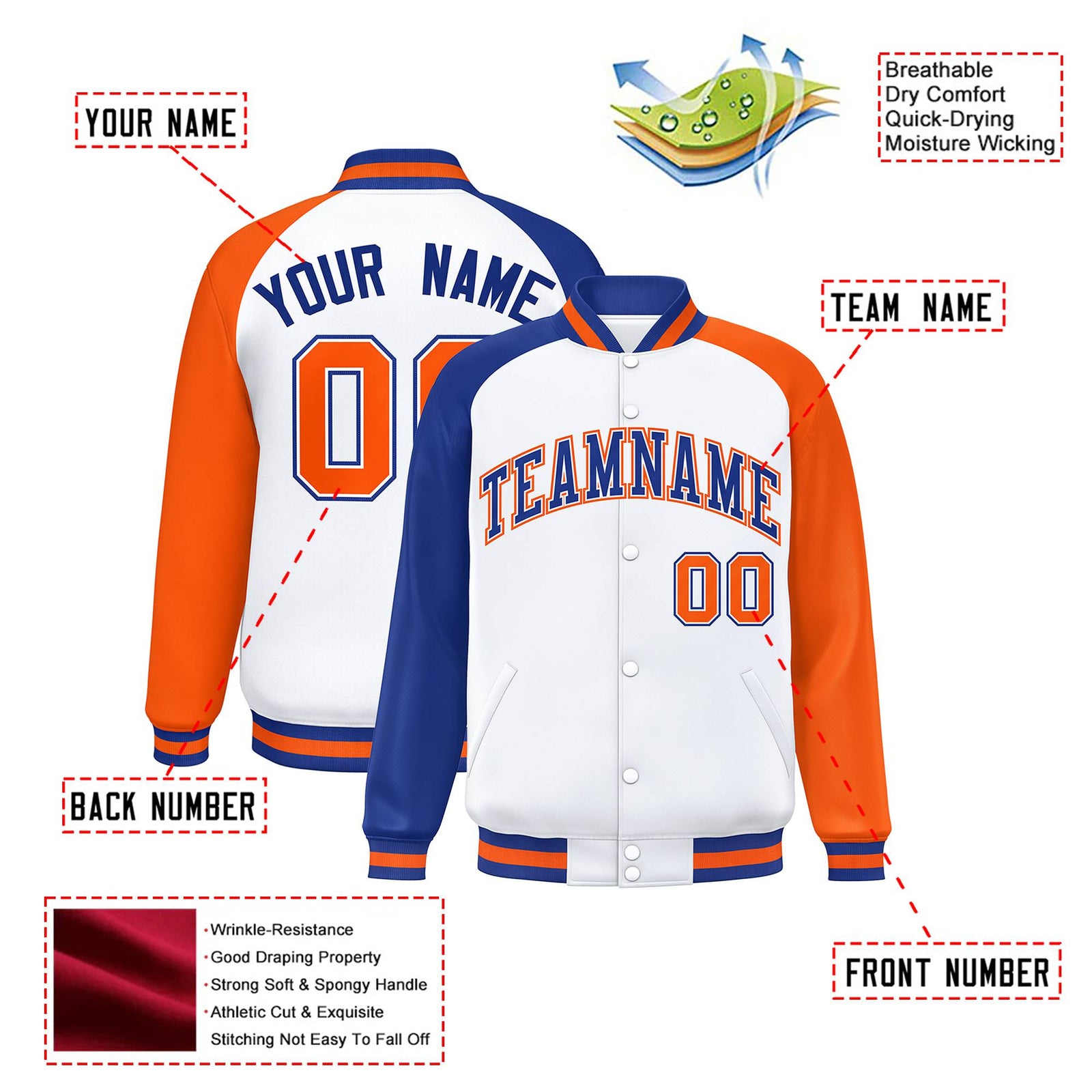 Custom White Orange-Royal Blue Raglan Sleeves Varsity Full-Snap Letterman Jacket