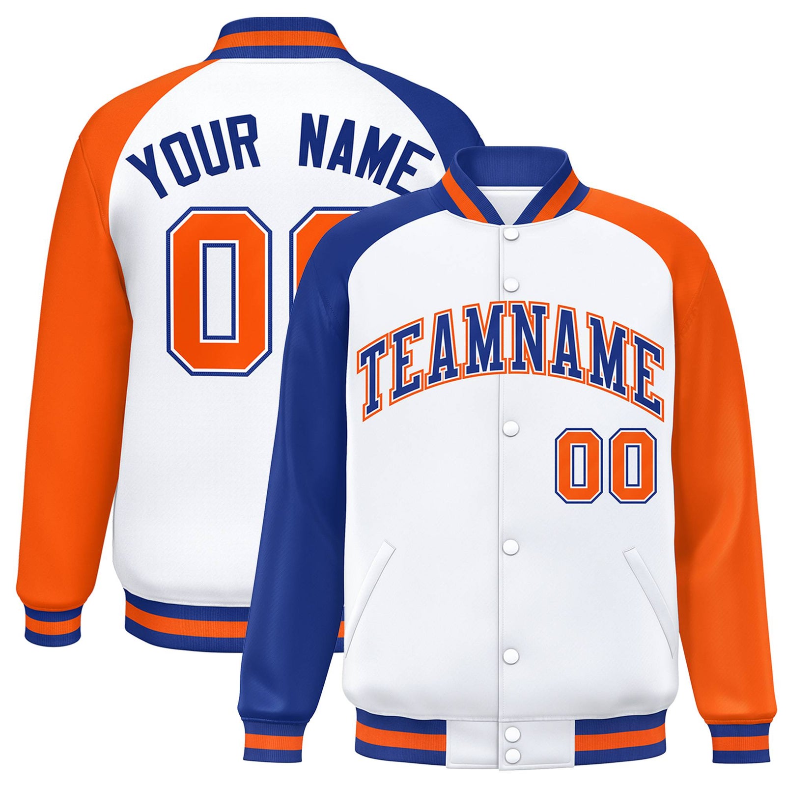 Custom White Orange-Royal Blue Raglan Sleeves Varsity Full-Snap Letterman Jacket