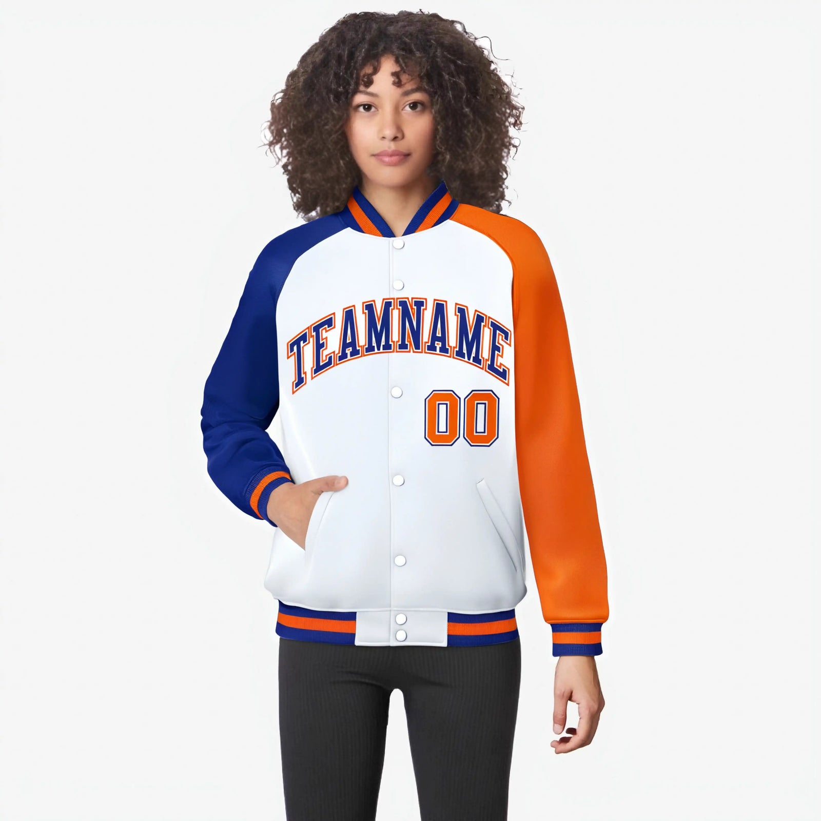 Custom White Orange-Royal Blue Raglan Sleeves Varsity Full-Snap Letterman Jacket