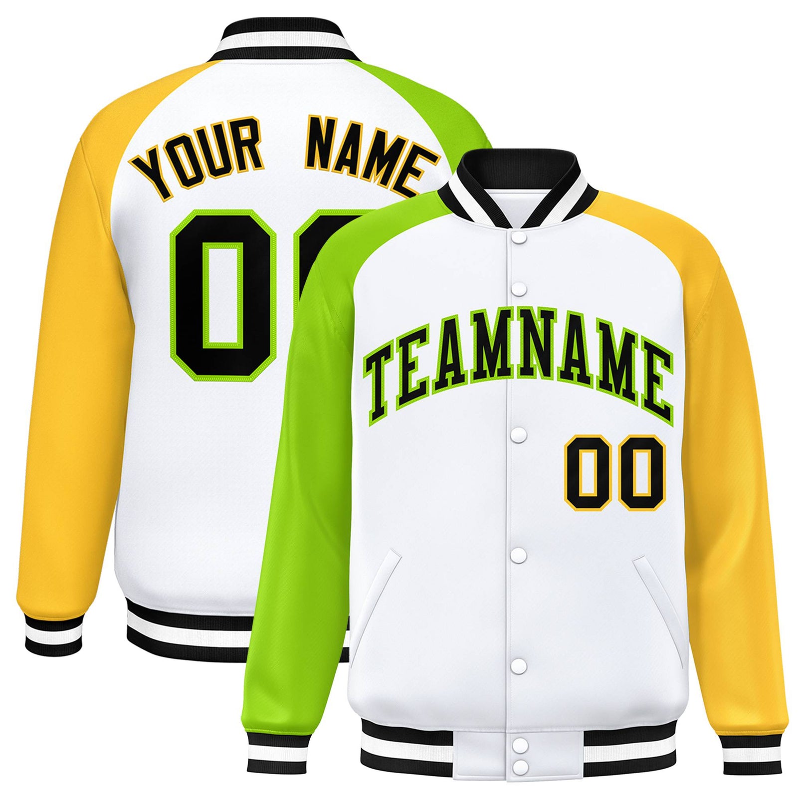 Custom White Gold-Neon Green Raglan Sleeves Varsity Full-Snap Letterman Jacket