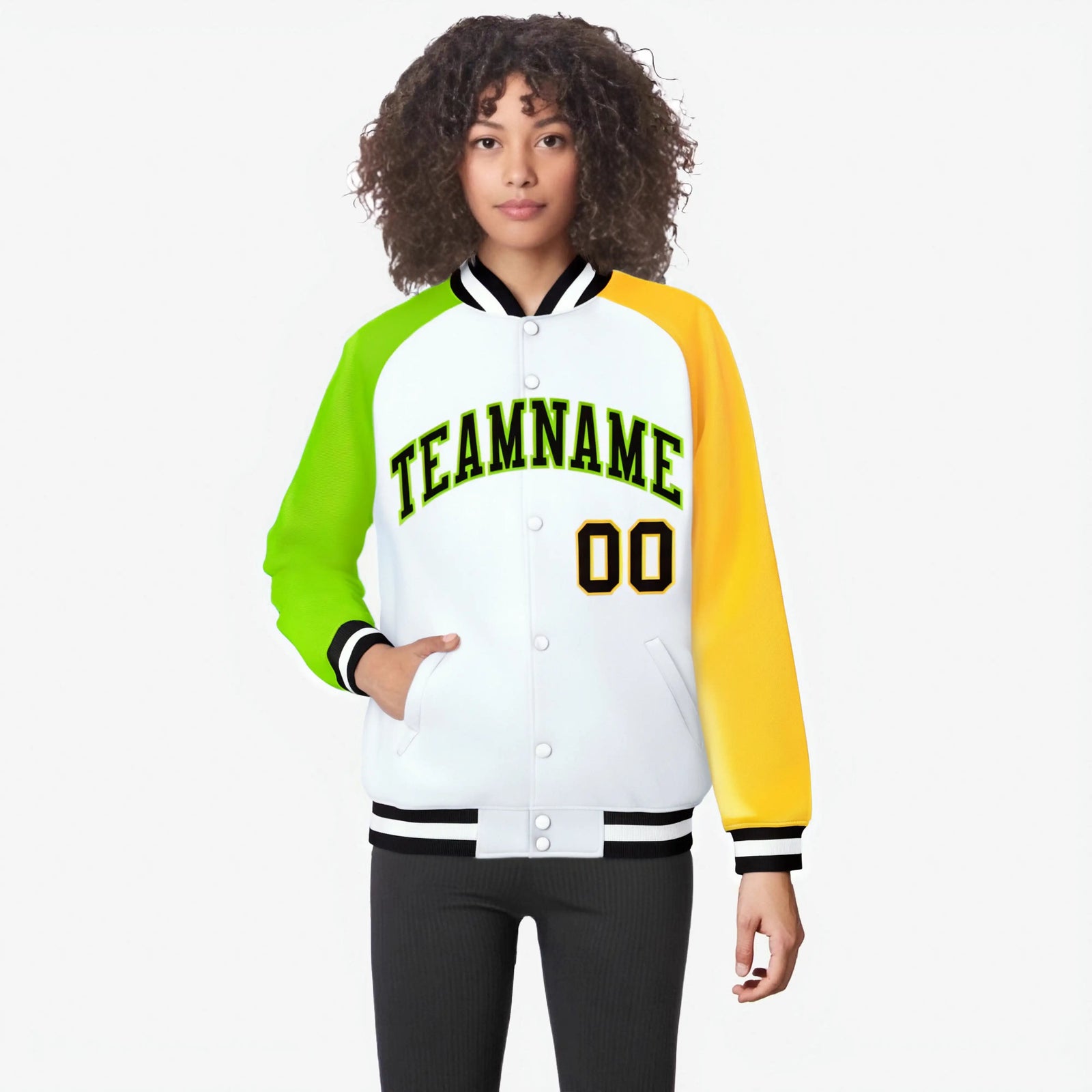 Custom White Gold-Neon Green Raglan Sleeves Varsity Full-Snap Letterman Jacket