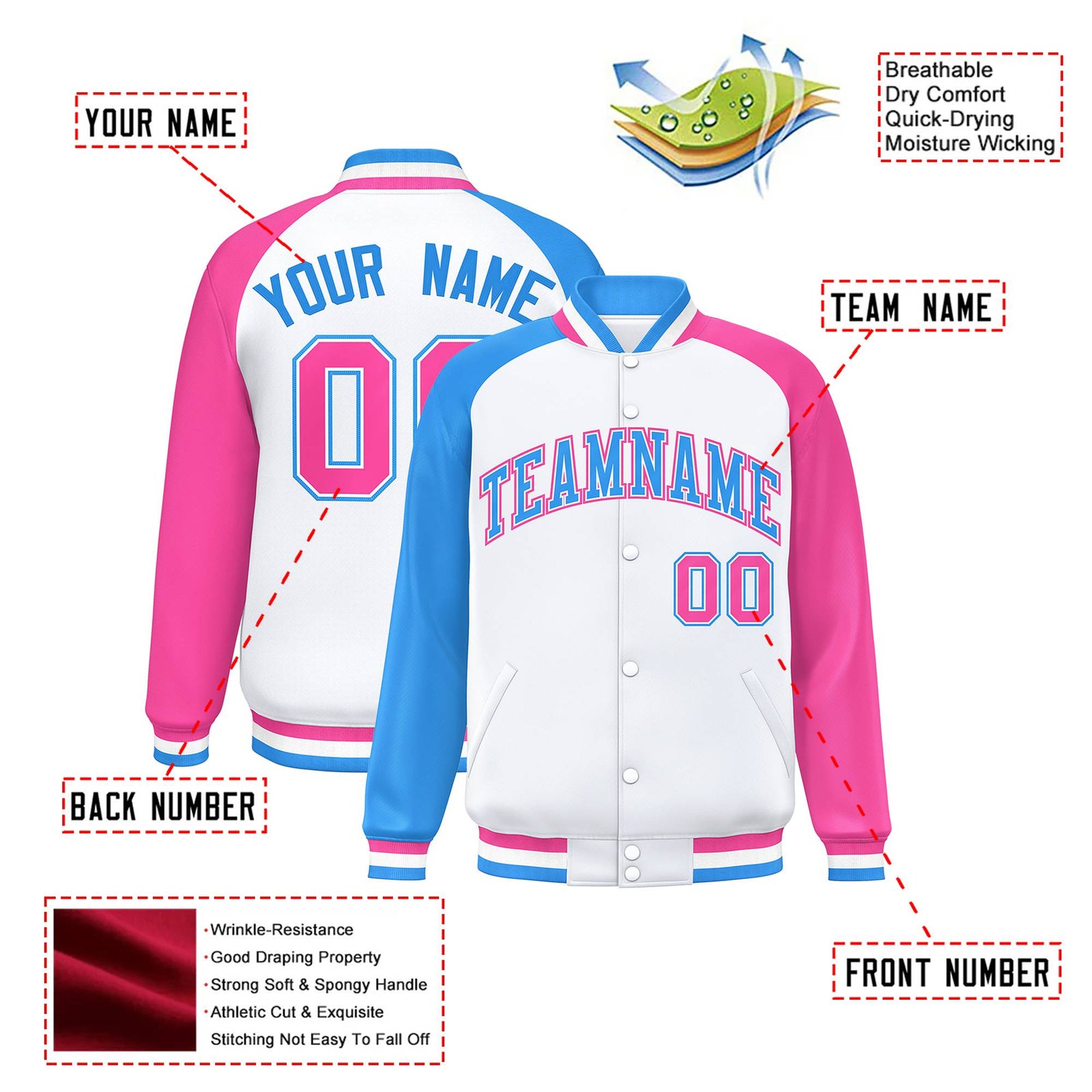 Custom White Pink-Powder Blue Raglan Sleeves Varsity Full-Snap Letterman Jacket