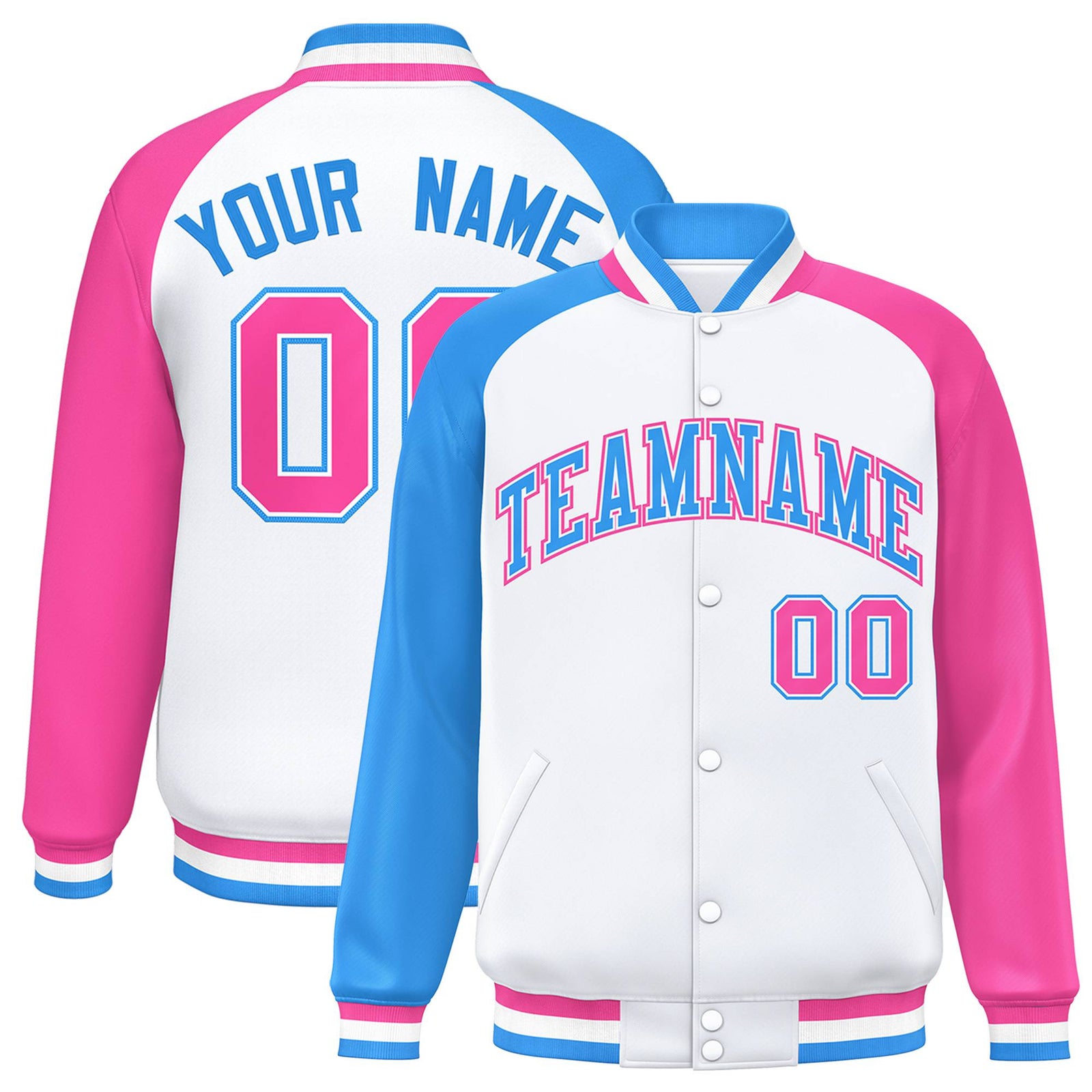 Custom White Pink-Powder Blue Raglan Sleeves Varsity Full-Snap Letterman Jacket