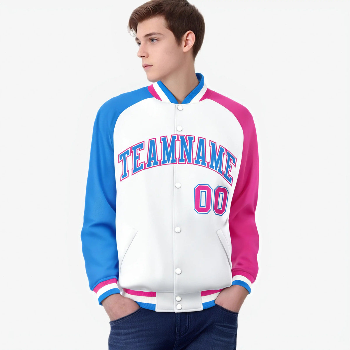 Custom White Pink-Powder Blue Raglan Sleeves Varsity Full-Snap Letterman Jacket