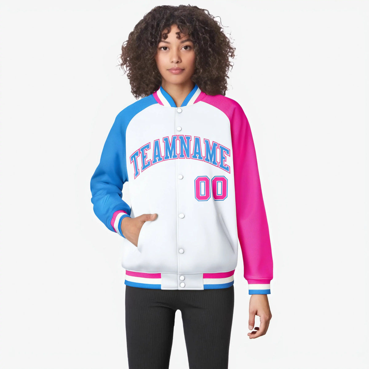 Custom White Pink-Powder Blue Raglan Sleeves Varsity Full-Snap Letterman Jacket