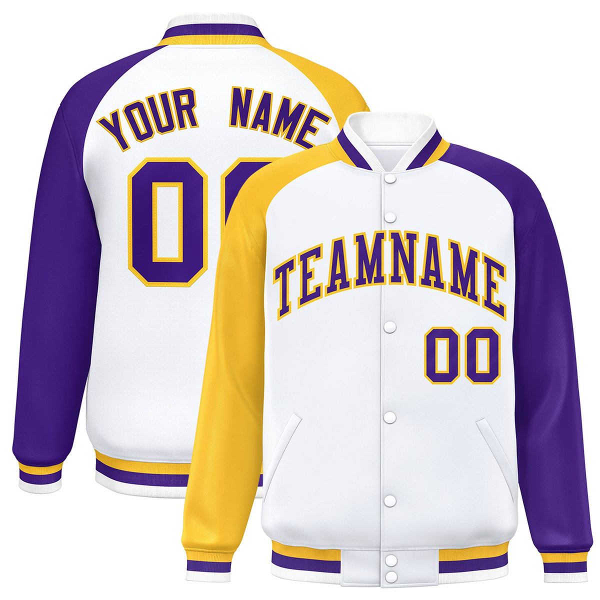 Custom White Purple-Gold Raglan Sleeves Varsity Full-Snap Letterman Jacket