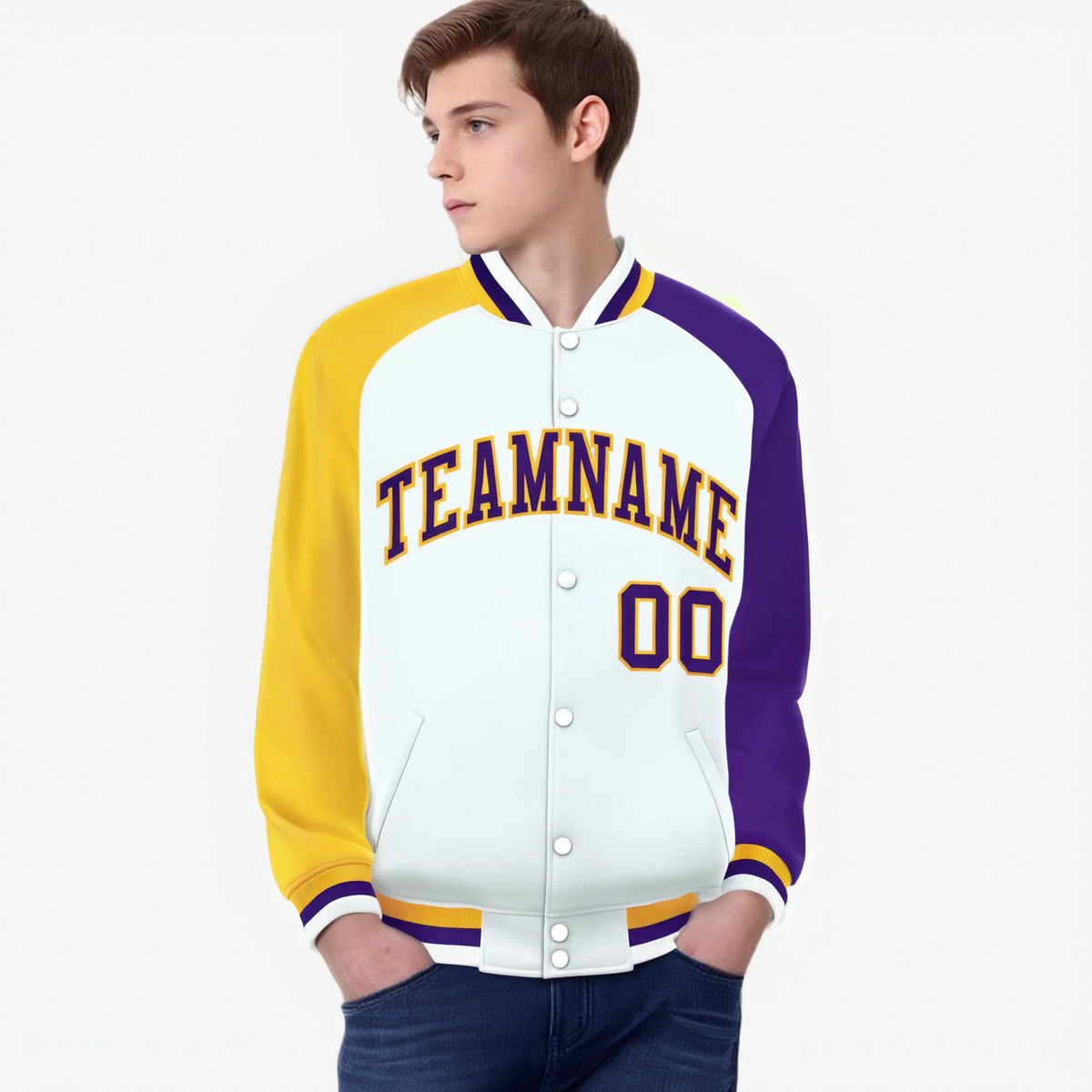 Custom White Purple-Gold Raglan Sleeves Varsity Full-Snap Letterman Jacket