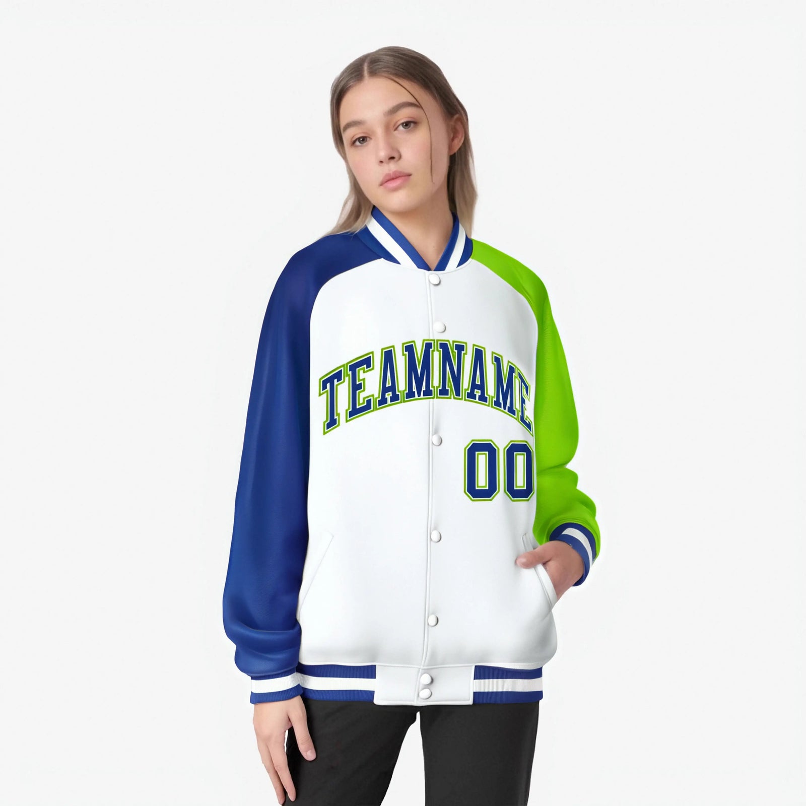 Custom White Neon Green-Royal Blue Raglan Sleeves Varsity Full-Snap Letterman Jacket