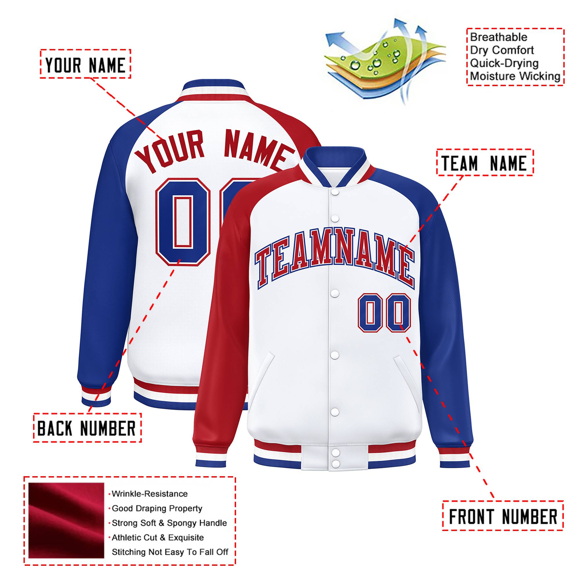 Custom White Royal Blue-Red Raglan Sleeves Varsity Full-Snap Letterman Jacket