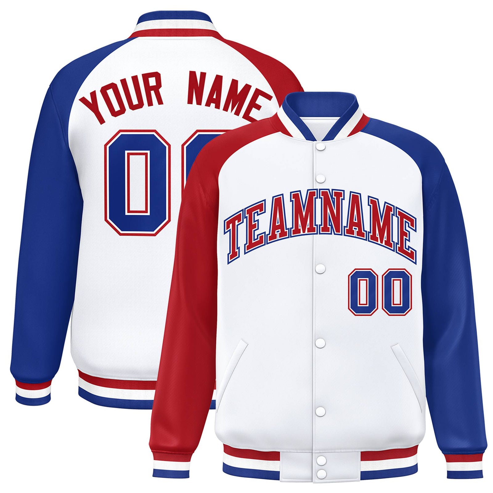 Custom White Royal Blue-Red Raglan Sleeves Varsity Full-Snap Letterman Jacket