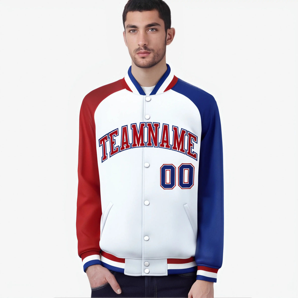 Custom White Royal Blue-Red Raglan Sleeves Varsity Full-Snap Letterman Jacket