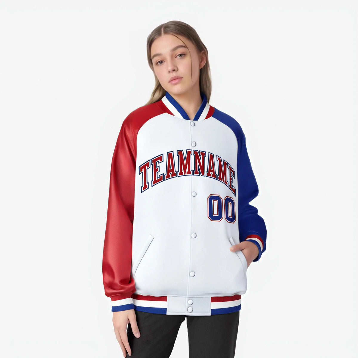 Custom White Royal Blue-Red Raglan Sleeves Varsity Full-Snap Letterman Jacket