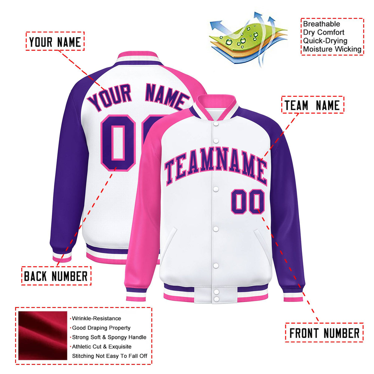 Custom White Purple-Pink Raglan Sleeves Varsity Full-Snap Letterman Jacket