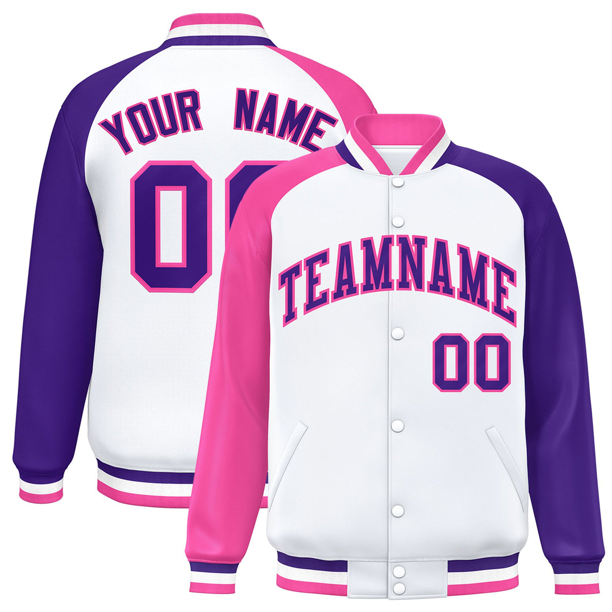 Custom White Purple-Pink Raglan Sleeves Varsity Full-Snap Letterman Jacket