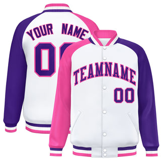 Custom White Purple-Pink Raglan Sleeves Varsity Full-Snap Letterman Jacket - Style 1