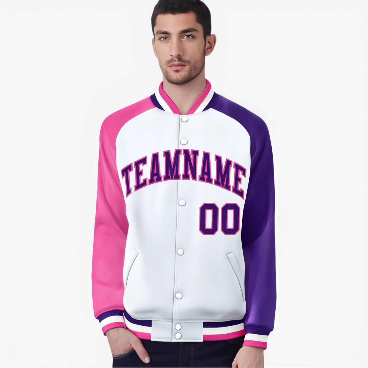 Custom White Purple-Pink Raglan Sleeves Varsity Full-Snap Letterman Jacket