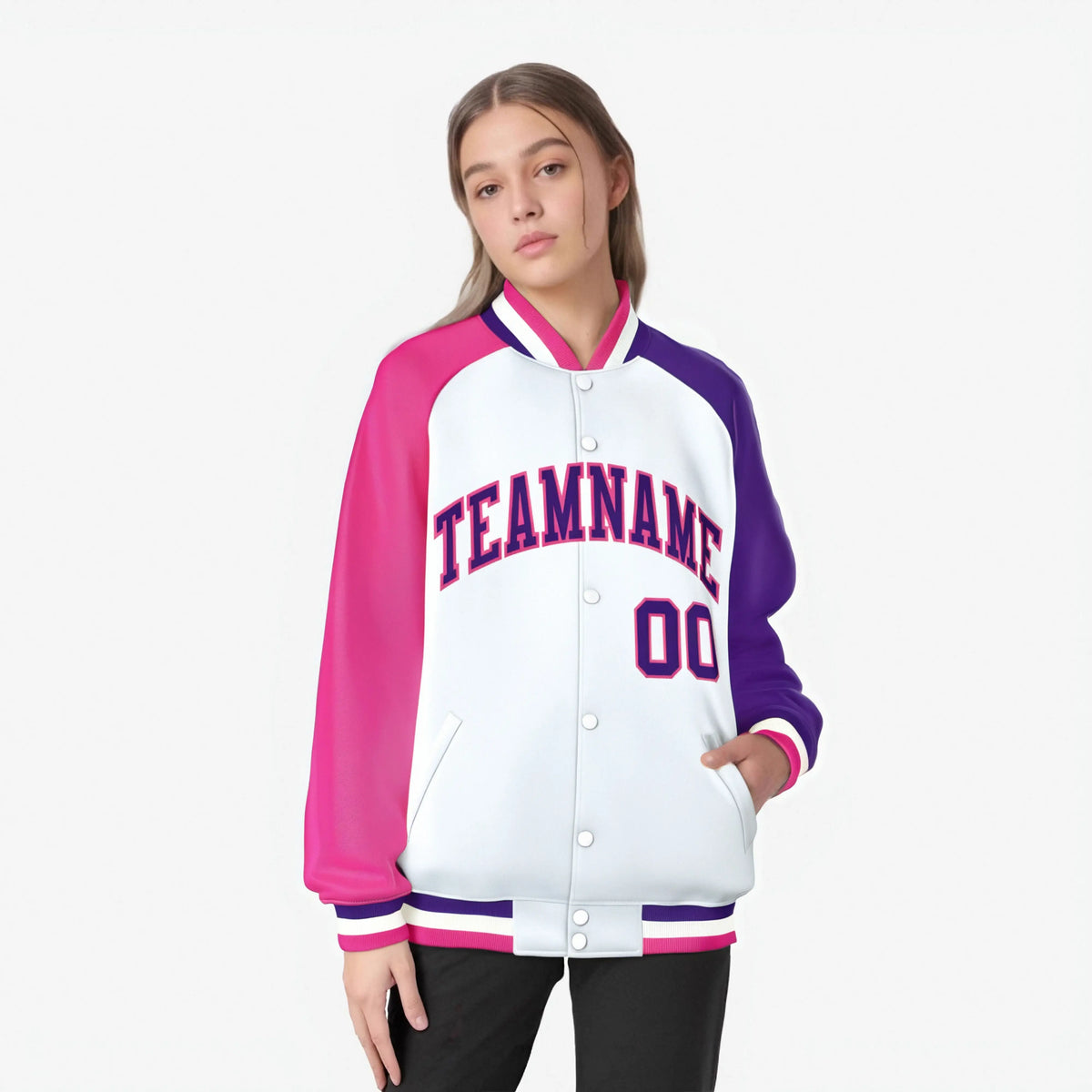 Custom White Purple-Pink Raglan Sleeves Varsity Full-Snap Letterman Jacket