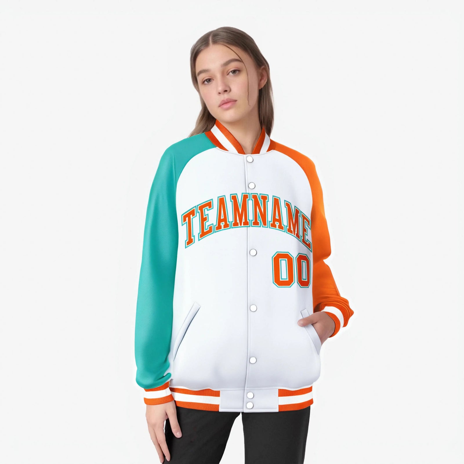 Custom White Orange-Aqua Raglan Sleeves Varsity Full-Snap Letterman Jacket