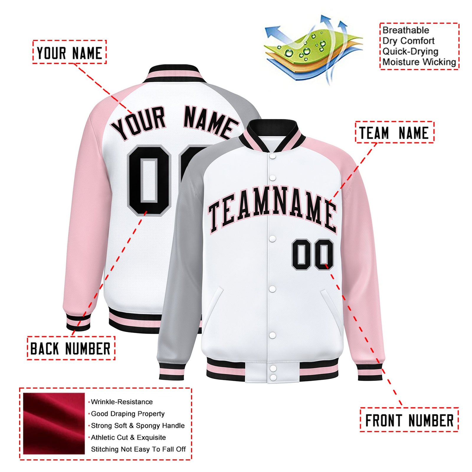 Custom White Pink-Gray Raglan Sleeves Varsity Full-Snap Letterman Jacket