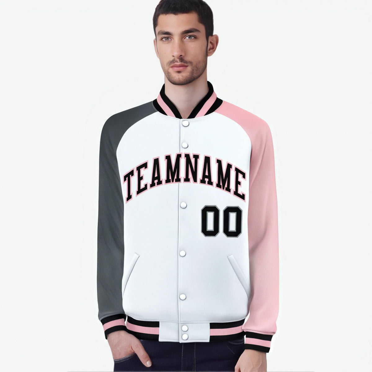 Custom White Pink-Gray Raglan Sleeves Varsity Full-Snap Letterman Jacket
