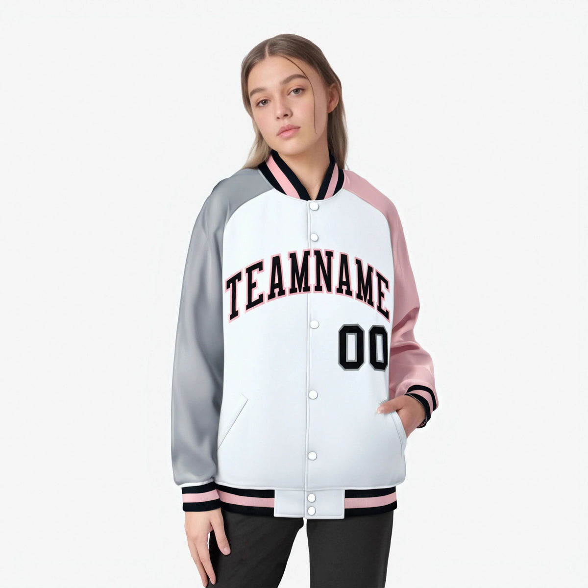 Custom White Pink-Gray Raglan Sleeves Varsity Full-Snap Letterman Jacket