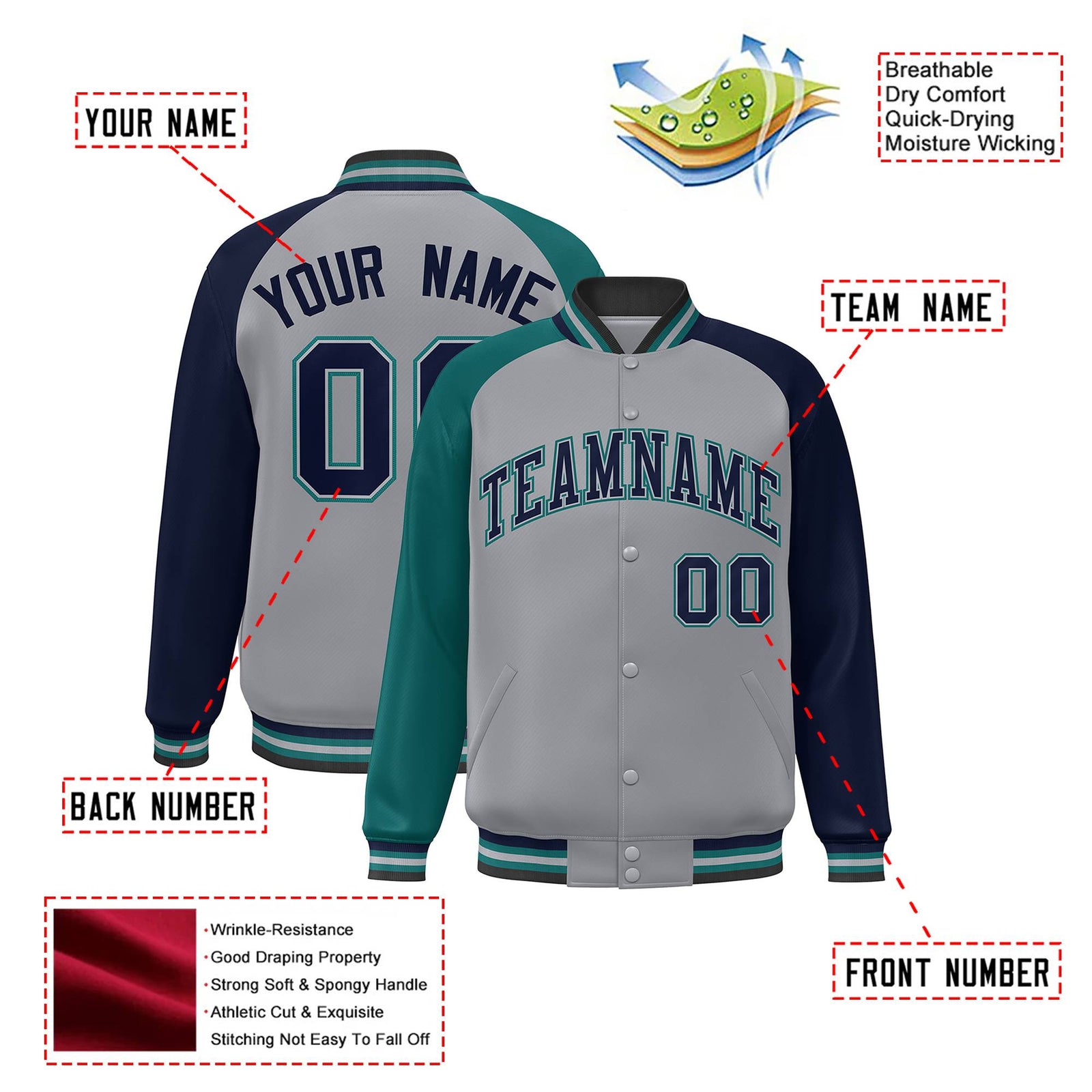 Custom Gray Navy-Aqua Raglan Sleeves Varsity Full-Snap Letterman Jacket