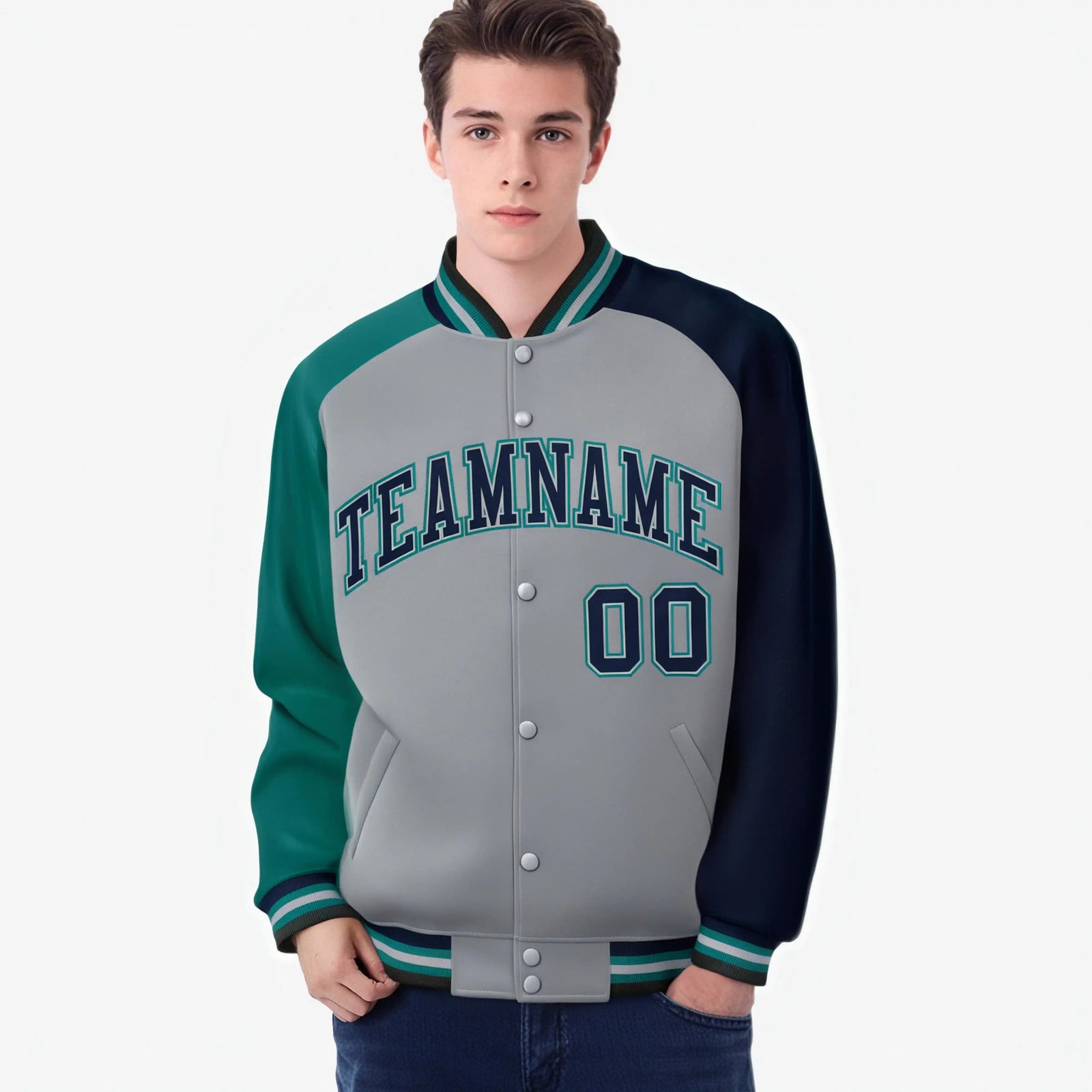 Custom Gray Navy-Aqua Raglan Sleeves Varsity Full-Snap Letterman Jacket