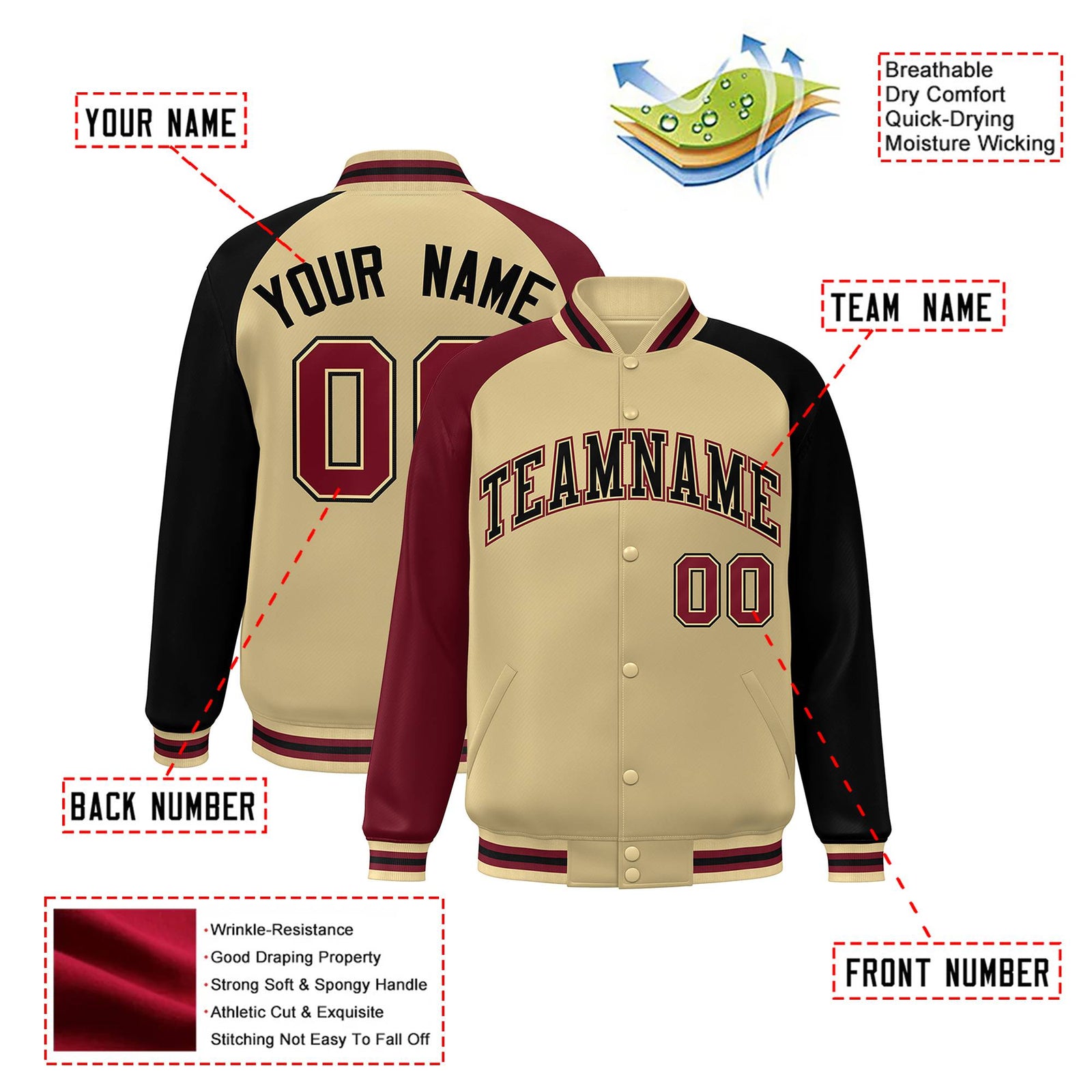 Custom Cream Navy-Crimson Raglan Sleeves Varsity Full-Snap Letterman Jacket