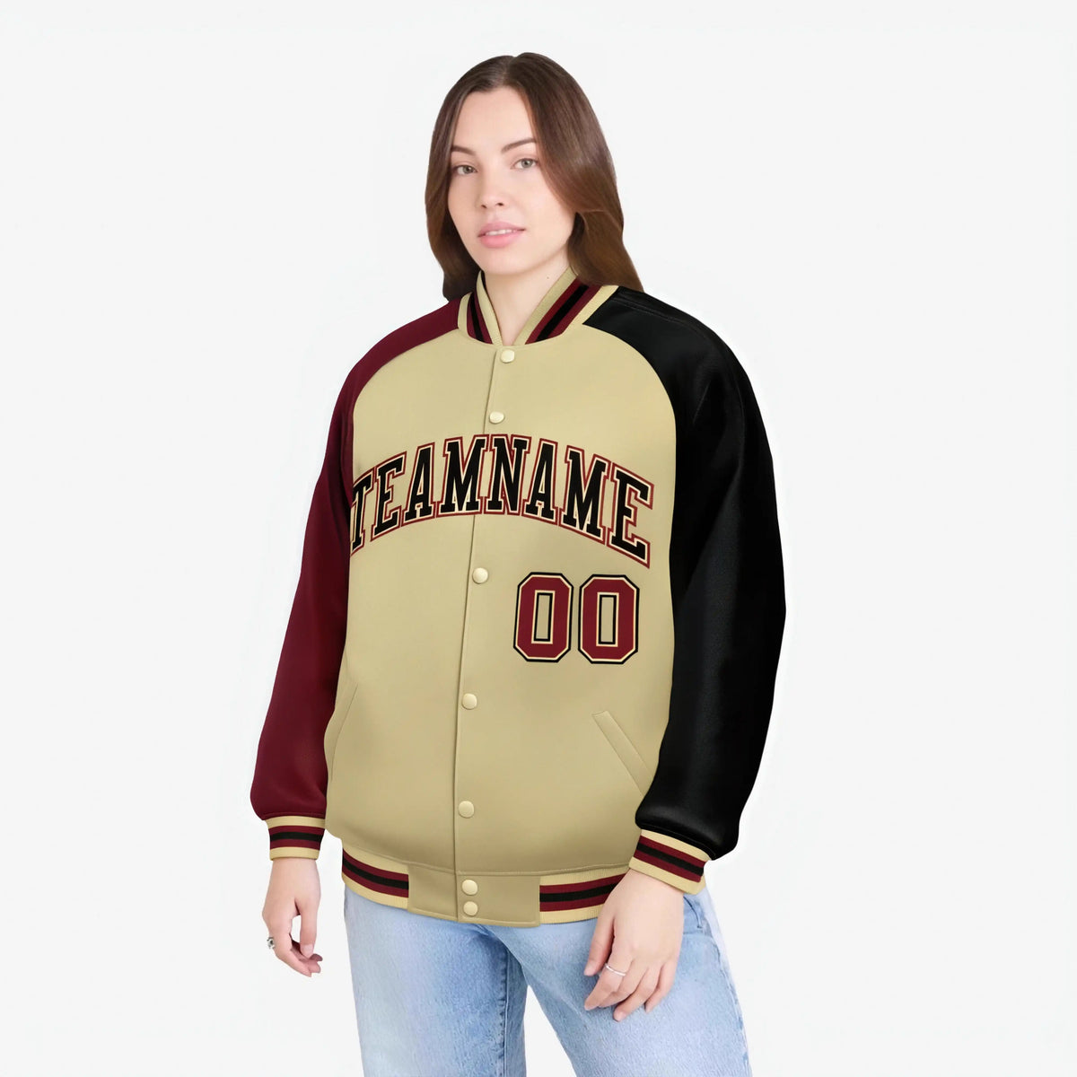 Custom Cream Navy-Crimson Raglan Sleeves Varsity Full-Snap Letterman Jacket