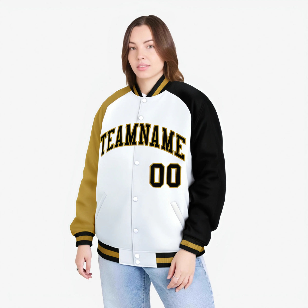 Custom White Black-Old Gold Raglan Sleeves Varsity Full-Snap Letterman Jacket