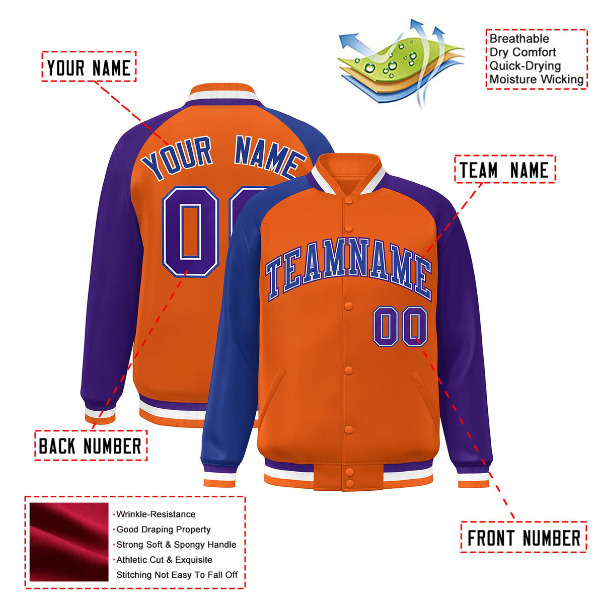 Custom Orange Purple-Royal Blue Raglan Sleeves Varsity Full-Snap Letterman Jacket