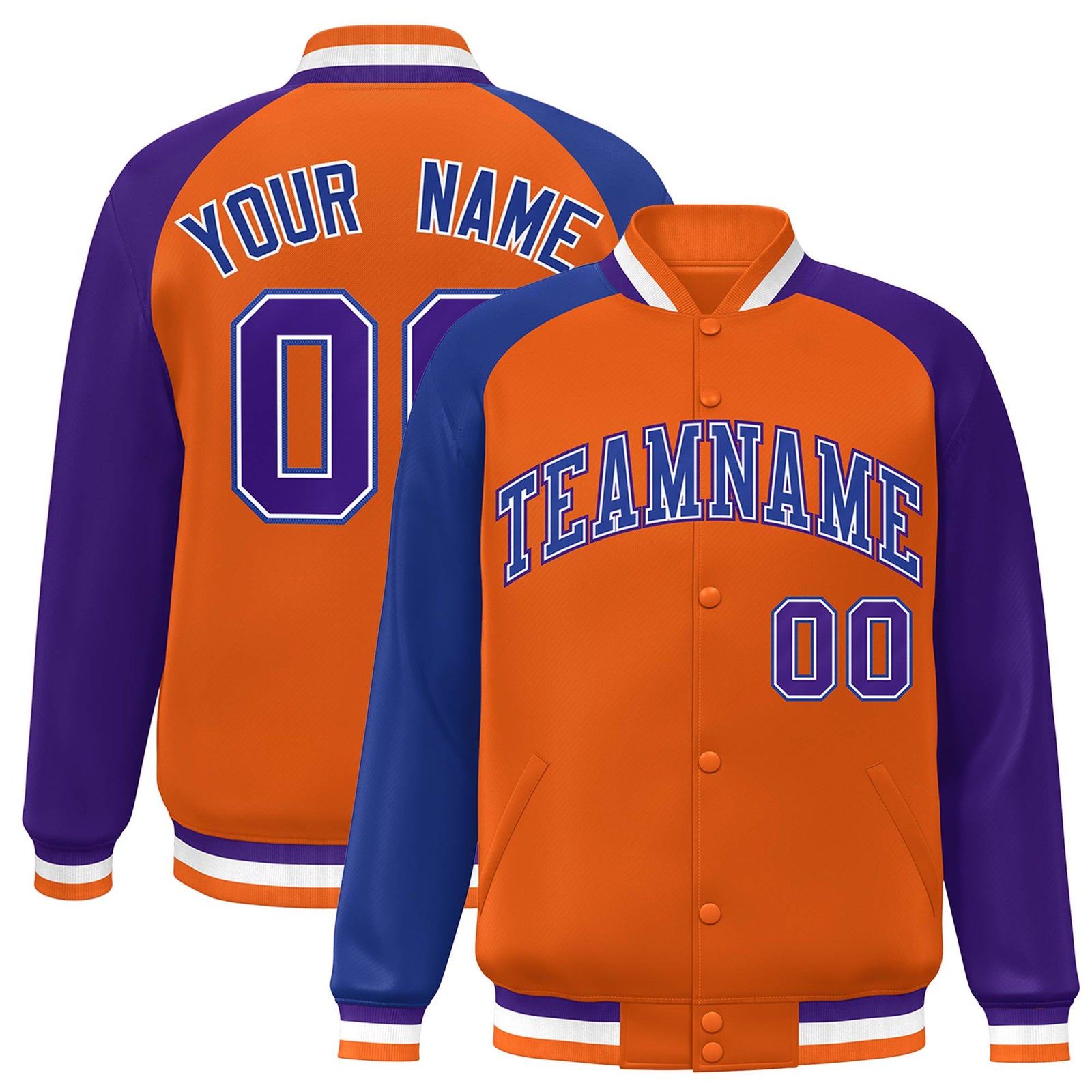Custom Orange Purple-Royal Blue Raglan Sleeves Varsity Full-Snap Letterman Jacket