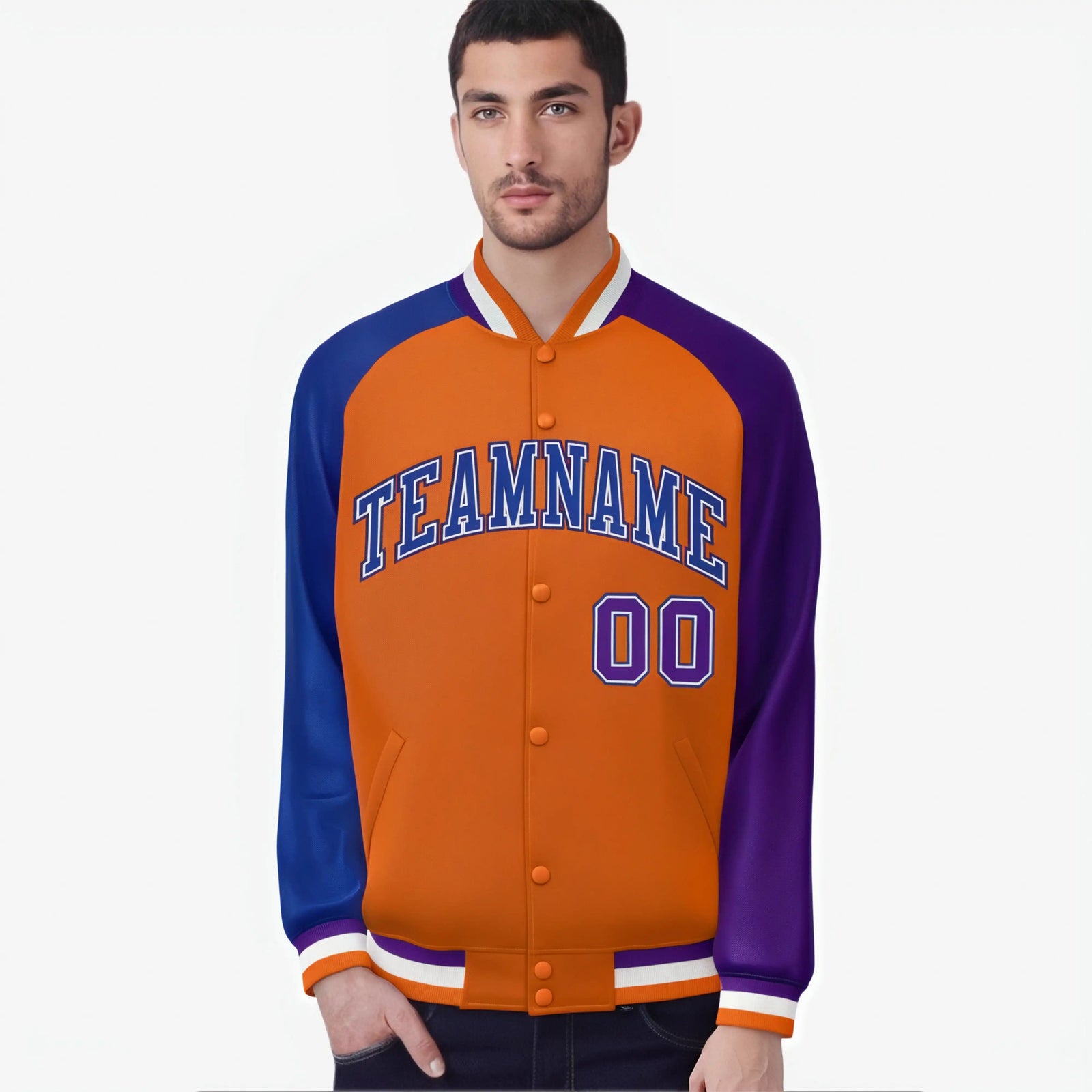 Custom Orange Purple-Royal Blue Raglan Sleeves Varsity Full-Snap Letterman Jacket